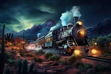 Railroad With Steam Train In Wild West