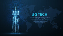 Abstract Antenna Mast With World Map. 5G Technology, Telecommunication Industry