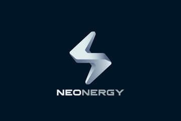 Poster - Energy Flash Lightning Bolt Logo Innovative Design Metallic Steel style Vector template. Power Battery Technology Logotype icon tech.