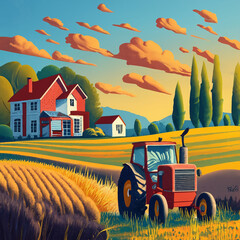 Wall Mural - color illustration of a cute farmhouse with wheat fields. symbol of farming, eco-friendly products