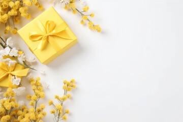 Yellow gifts boxes on white background with flowers and branches. Generative AI