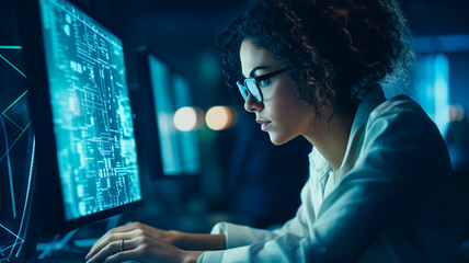 Woman wearing glasses working with glowing computer