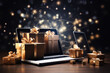 Digital gift surprise on Cyber ​​Monday, with floating items and gift boxes in contrasting colors