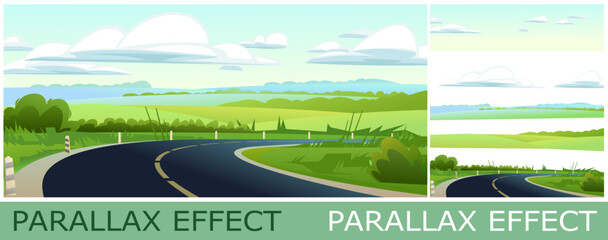 Wall Mural - road turn. summer landscape with far fields and meadows. set of slides create parallax image layer. 