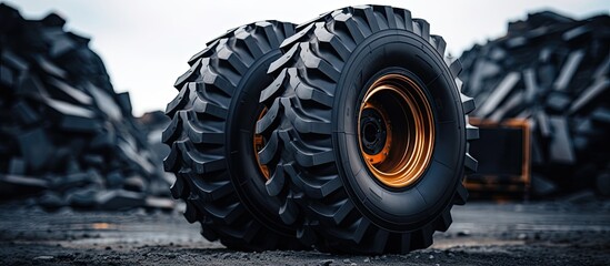 Display of new oversized machinery Cargo transport vehicles Close up of large black truck tire Quarry working equipment