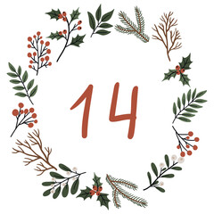 Christmas illustration with wreath, lights and numbers for advent calendar