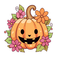 Vector clipart, halloween kawaii pumpkin with flowers