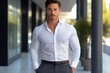© Creative Clicks - A male model wearing a professional corporate shirt with jeans, with the rest of the shirt made of cotton. Stylish and professional.