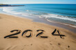 2024 new year lettering on beach sand, Generative ai
