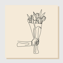 Wall Mural - Continuous line drawing of a hand holding bouquet flower. Hand's woman with a flower isolated on white background. Give a sign of love for someone. Minimalism style. Vector sketch illustration