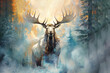 Image of fantasy of deer moose and flames and smog. Wildlife Animals. Illustration, Generative AI.