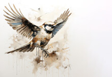 Beautiful Watercolor Painting Of A Sparrow Bird Spreading Its Wings To Fly. Birds. Wildlife Animals. Illustration, Generative AI.