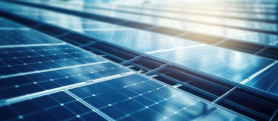 green energy concept with outdoor solar panels and industrial roof equipped with blue tone solar cel