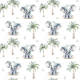 Fototapeta Dziecięca - Watercolor children's seamless pattern with cute elephants and palm trees isolated on white background.