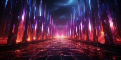 Poster - Portal of beautiful neon lights with glowing purple and blue lines in a tunnel