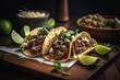 Carne asada mexican street tacos on dark background. Copy space for ad, banner menu recipe.