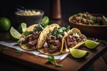Carne asada mexican street tacos on dark background. Copy space for ad, banner menu recipe. Generative AI.