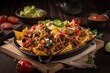 Tray of loaded mexican nachos with beef. Closeup of food. Recipe menu. Generative AI.