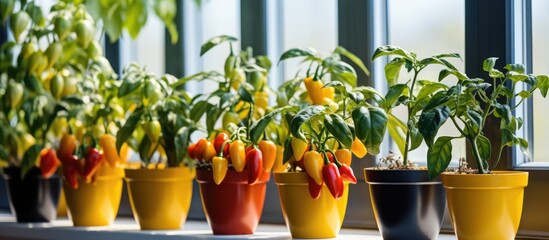 Canvas Print - Colorful potted chili peppers indoors with room for text