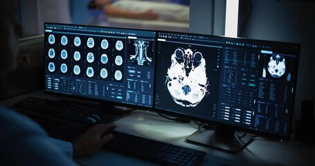 Aufkleber - In Medical Laboratory Patient Undergoes MRI or CT Scan Process, in Control Room Doctor Watches Procedure and Monitors with Brain Scans Results. Healthcare Facility with High-Tech Equipment