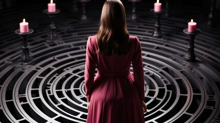 Wall Mural - A woman in a red dress standing in front of a circular maze. AI.