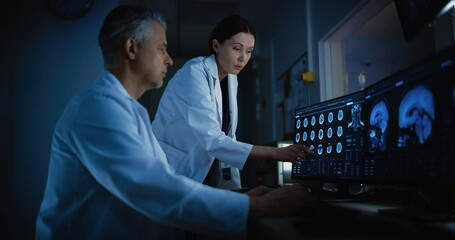 Aufkleber - In Control Room Doctor and Radiologist Discuss Diagnosis while Watching Procedure and Monitors Showing Brain Scans Results. Patient Undergoes MRI or CT Scan Process in High-Tech Medical Facility