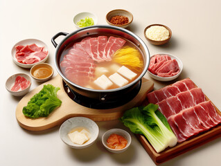 Hot pot scene with various plates of meat and vegetables