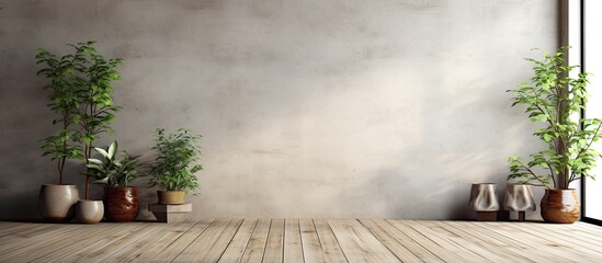 Poster - Spacious wooden terrace with gray plank floor blank concrete wall for copy space