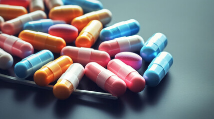 Wall Mural - Colorful pills background. Health supplement and science medicine research concept