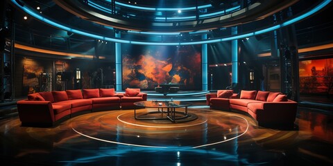 TV studio set. Hand edited generative AI. Tv or Cable new network live studio setup