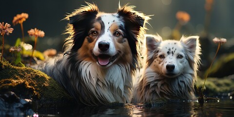 Poster - Two dogs in forest near lake. Two cute border collies in summer at water in the fog