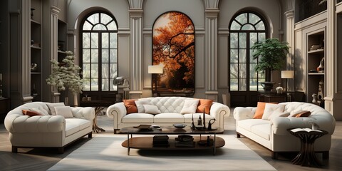 Beige tufted chesterfield sofa and brown wing chairs. Art deco interior design of modern living room