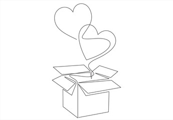 Wall Mural - gift box open heart floating background love valentine concept. one line continuous drawing. 