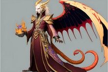 Draconian King With Bright Crimson Smooth Scaly Skin With Yellow And White Patterns Beep Blue Eyes Long Smooth Shoulder Length White Hair Leather Folds Of Wings Are Golden Orange Wearing An Ankle 