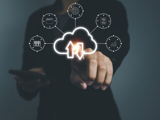Wall Mural - cloud technology, connecting to large online databases document data personal information and busine