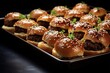 Delicious Meatball Sliders on a Tray for Catering and Events. Perfect Canapes with Meat and Bread for a Mouth-watering Widener