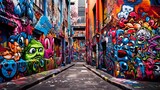 Fototapeta  - Colorful Street Art in Melbourne: Exploring the Funky Graffiti of Hosier Lane with Tags in Red and Blue Colors