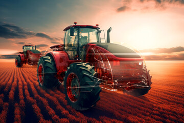 Wall Mural - The concept of using modern technologies and artificial intelligence in agriculture  with a tractor. iot smart industry robot