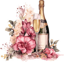 Vector Christmas Traditional Table. Champagne And Glasses. Red Flowers On The Table Vector Illustration On White Background. AI Generated Illustration