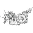 Oriental Asian dragon zodiac sign. Vector illustration in engraving technique of coiled serpent dragon with horns on traditional textured background.