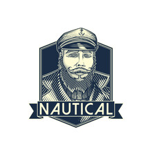 "Nautical". Sailor Portrait Logo. Vector Illustration In Engraving Technique Of Sea Captain In Diamond Shape Label Frame. Logo Icon Design. 