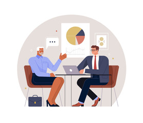 Wall Mural - LGBTQ Person Job Interview. Vector flat modern illustration of an adult man in a skirt talking to an employer man with a laptop. Isolated on abstract office background