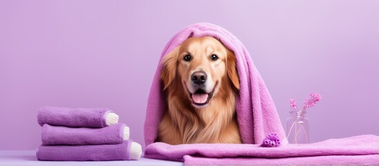 Canvas Print - Golden Retriever receiving grooming services at a spa including a head towel and body brush on a purple backdrop