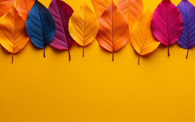 Wall Mural - Autumn colorful leaves on solid yellow background