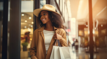 Black afro american woman going shopping carrying some shops bags