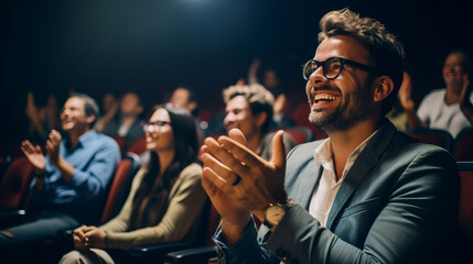 Man in a audience in a theater applauding clapping hands. cheering and sitting together and having fun