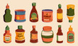 Sauce bottles. Cartoon ketchup, mustard and mayonnaise bottles with caps and labels for restaurant and fast food packaging design. Vector set. Red hot, chili, bbq and salsa dressing