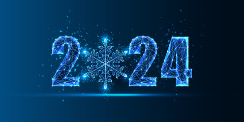 Wall Mural - Abstract 2024 Happy New Year digital web banner with evergreen branches in futuristic style on blue