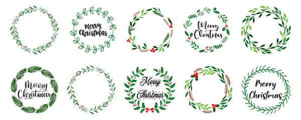 Christmas wreath with winter floral elements. Merry Christmas wreath with text. Christmas decoration wreath frame. Winter Christmas wreath