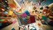 A shopping cart with a vibrant and colorful backdrop